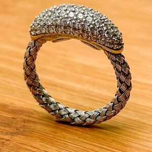 Dyadema Italian Stering Silver And Steel Braided Ring with CZ Accents